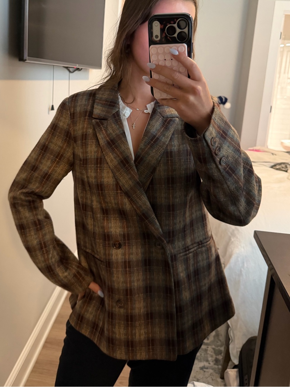 Greylin Plaid Double-Breasted Blazer in Brown and Green Tones